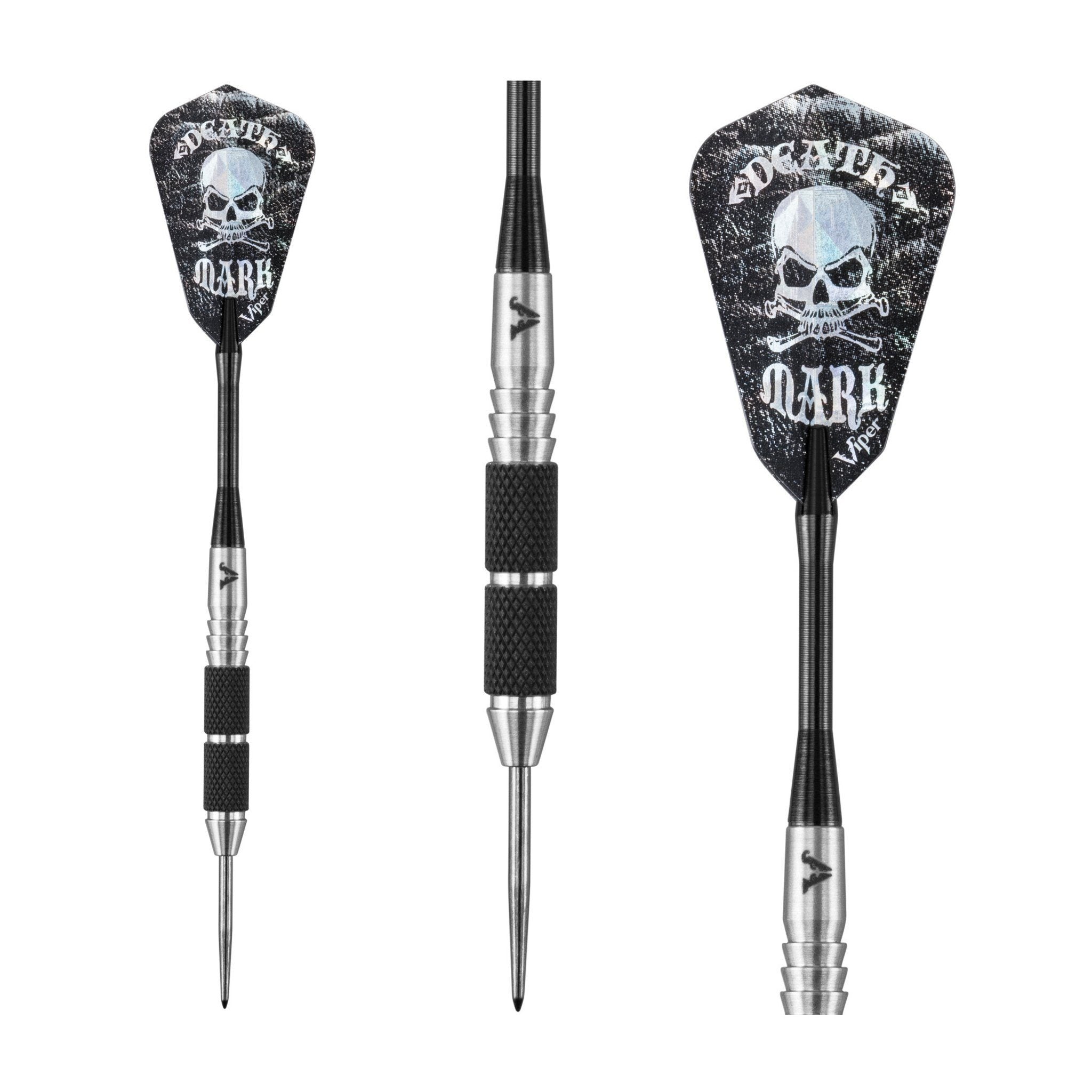 Three darts with black skull-printed flights and silver barrels with black grip wraps