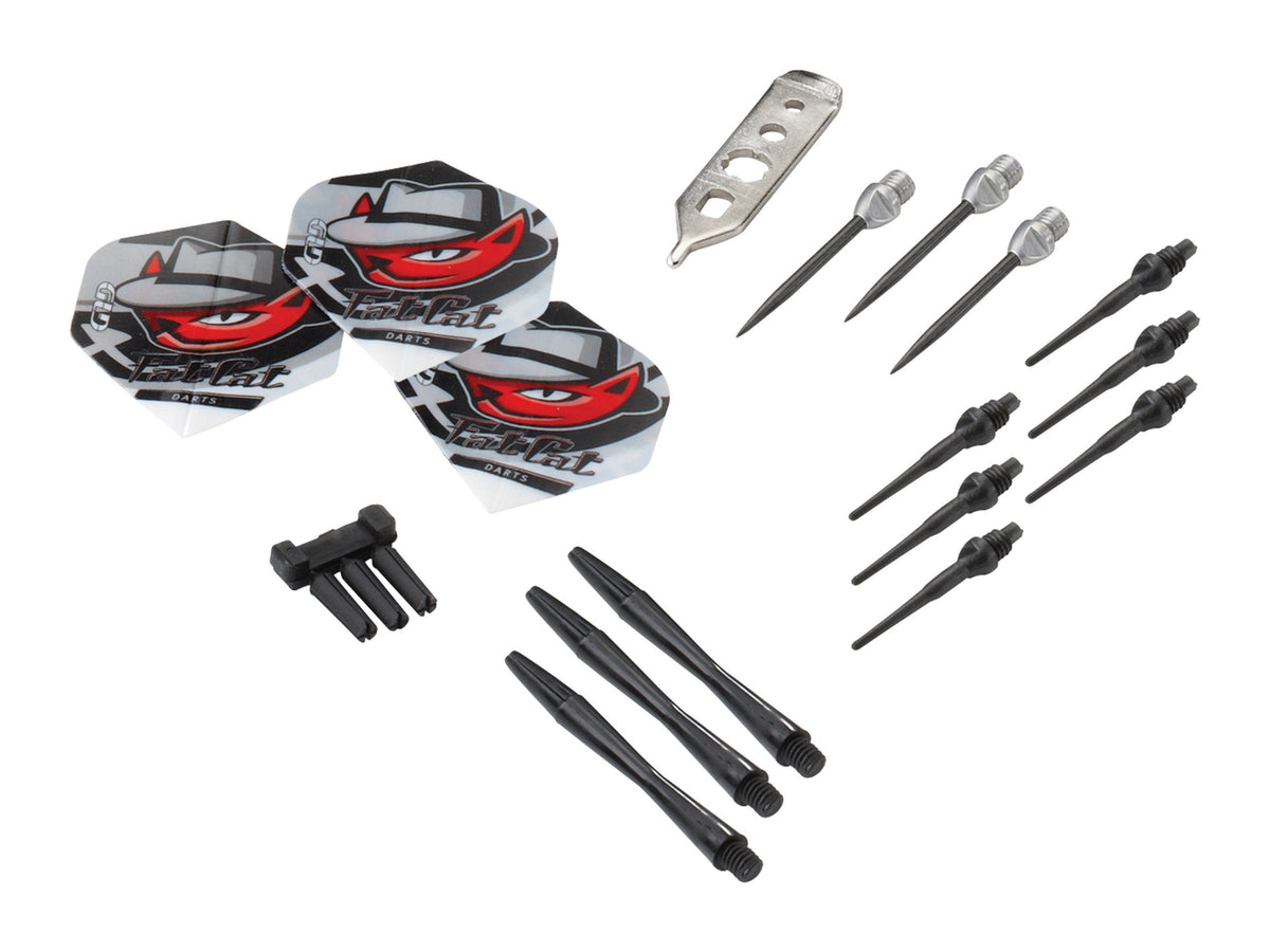 Three red and white dart flights, metal holder, black shafts, tips, and flights