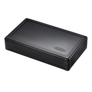 Black rectangular hard case with rounded corners and a hinged lid, viewed at an angle