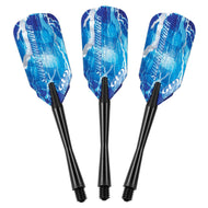 Three darts with blue lightning bolt flights and black tapered shafts