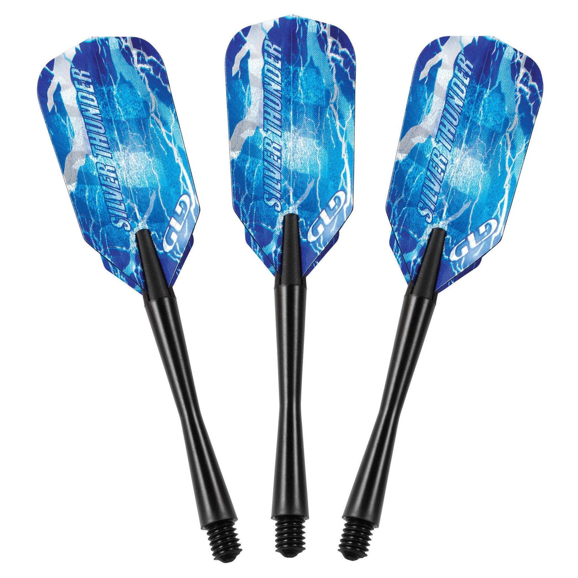 Three darts with blue lightning bolt flights and black tapered shafts