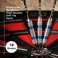 Three black soft-tip darts with silver knurled barrels, blue bands, and black flights in a dartboard stand