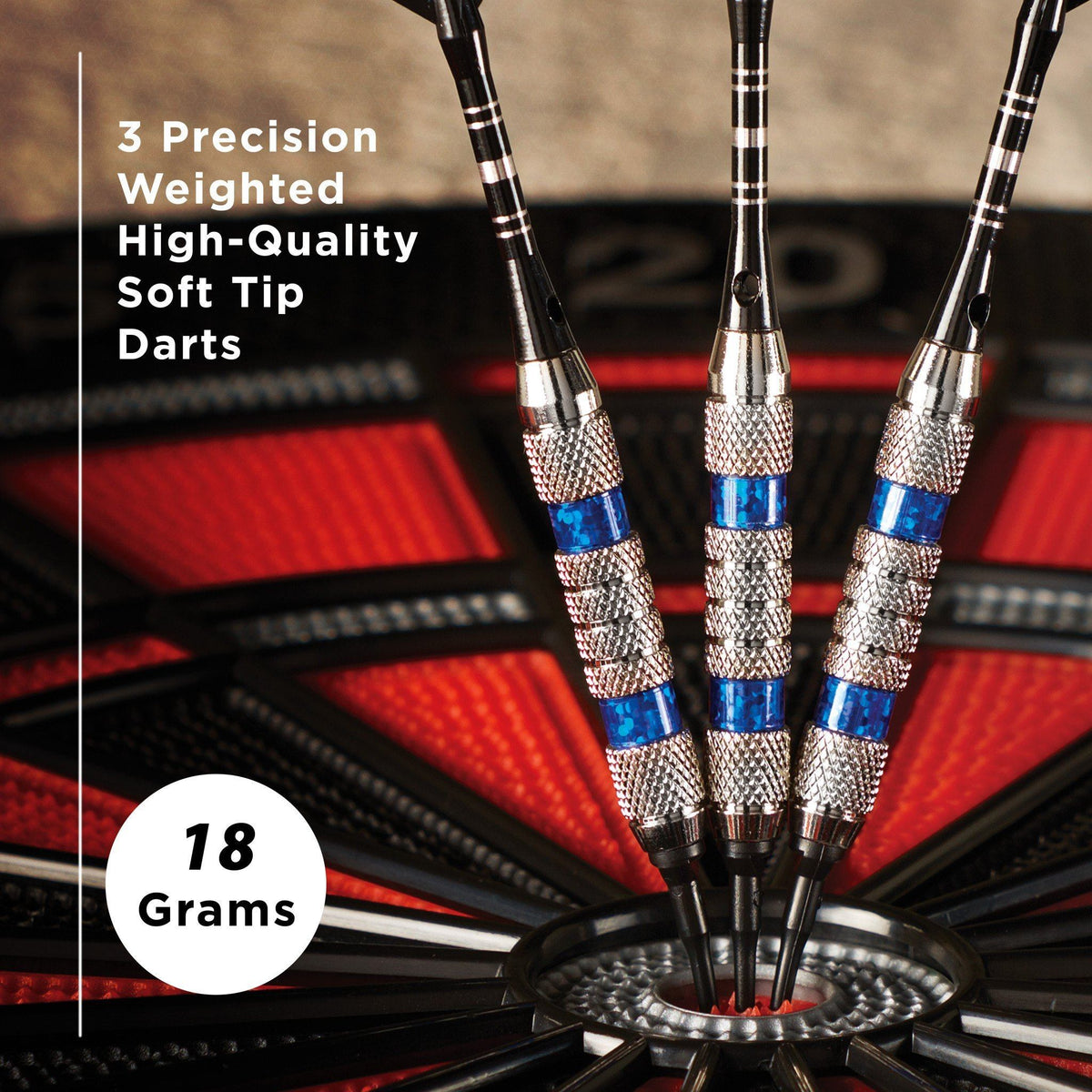 Three black soft-tip darts with silver knurled barrels, blue bands, and black flights in a dartboard stand