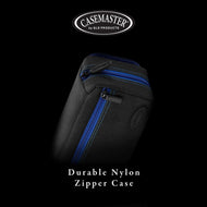 Black nylon dart case with blue zippers and embossed Casemaster logo on front