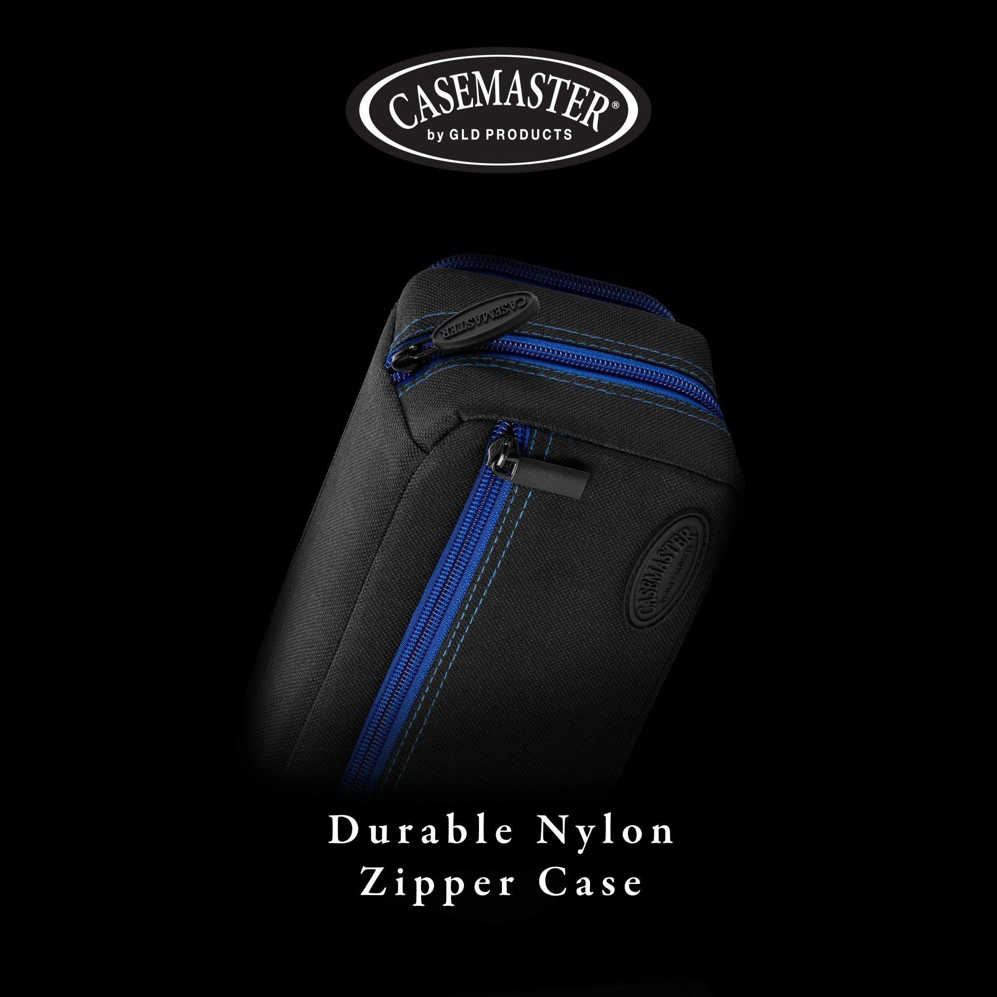 Black nylon dart case with blue zippers and embossed Casemaster logo on front