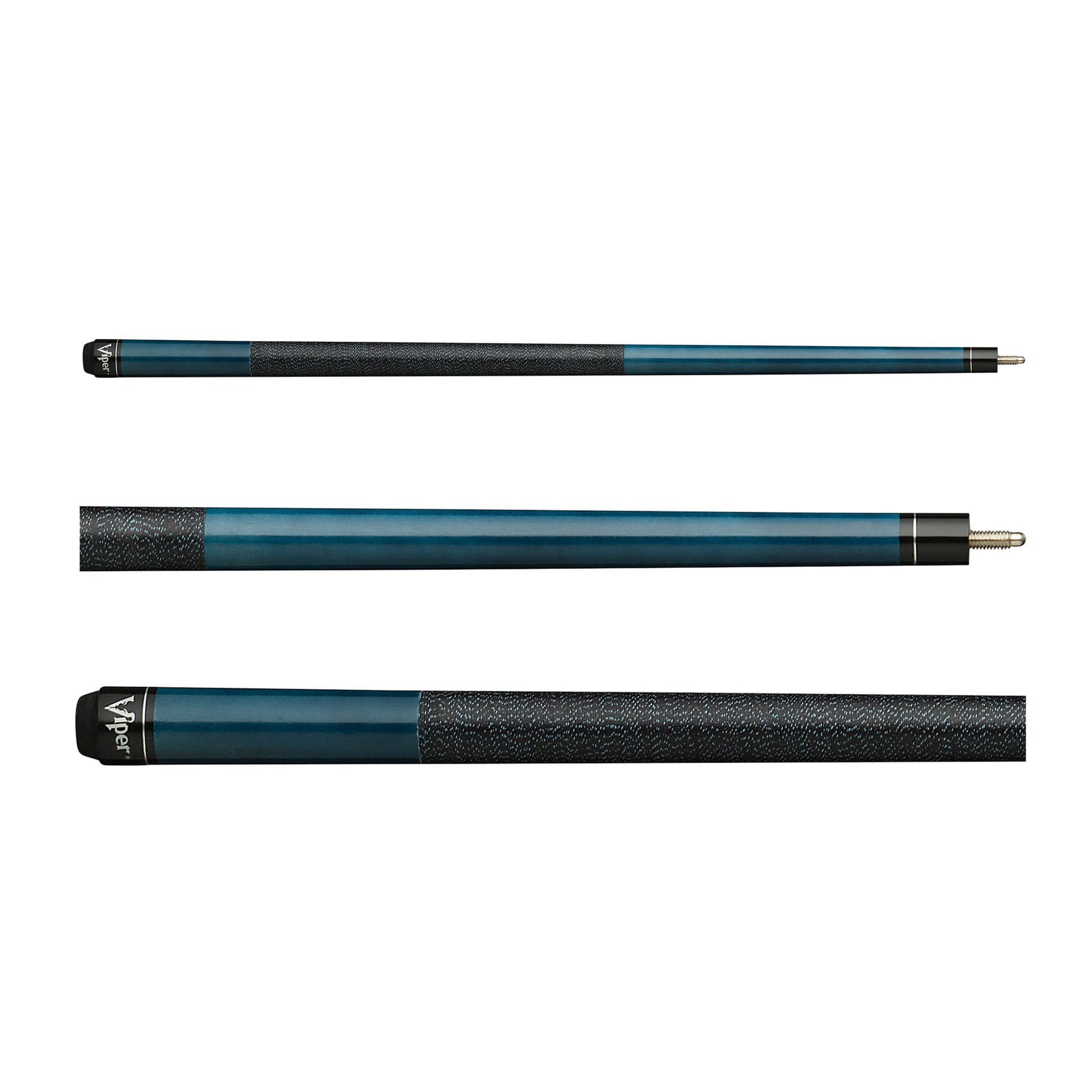 Three billiard cue sticks with teal and black shafts and textured grip sections shown horizontally