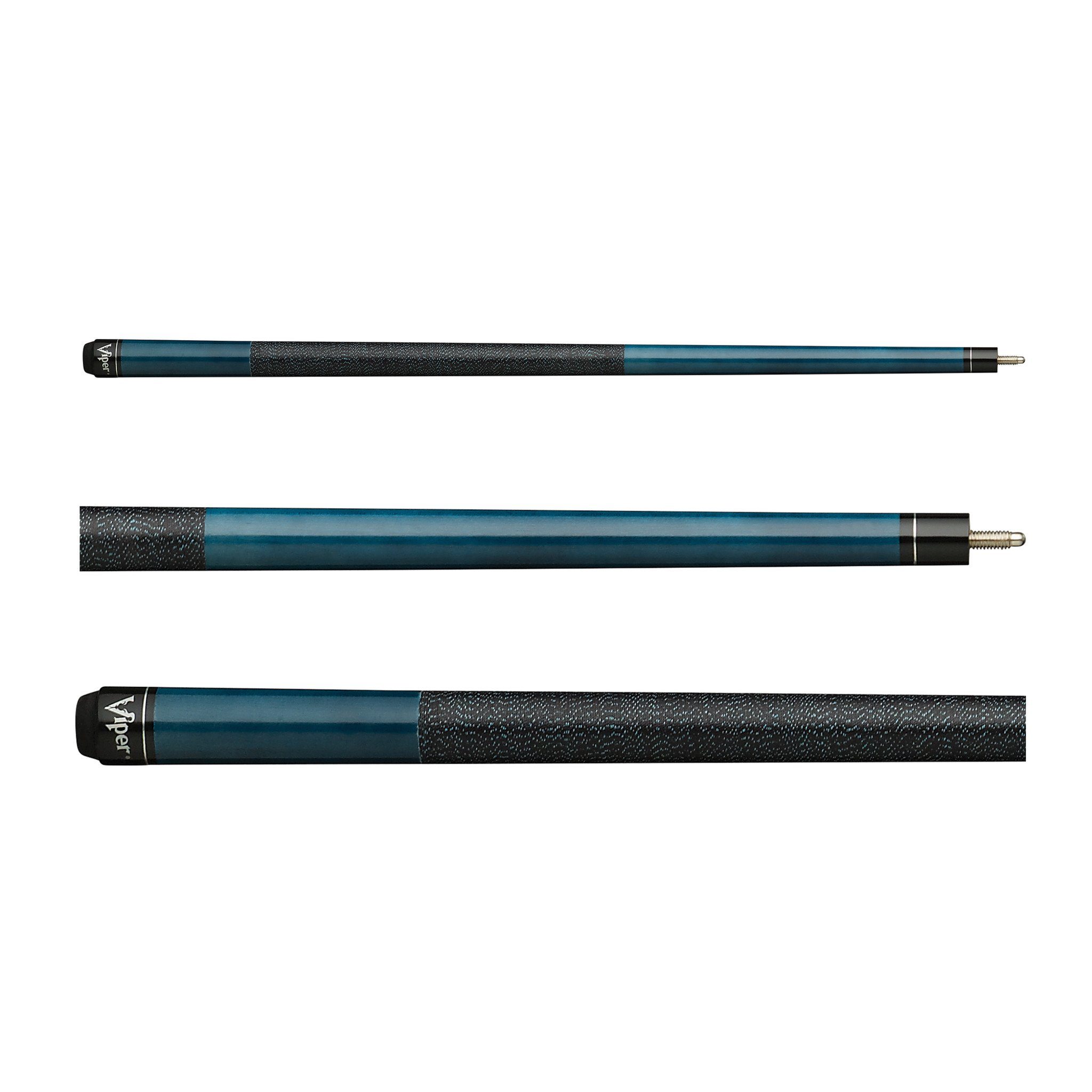 Three billiard cue sticks with teal and black shafts and textured grip sections shown horizontally