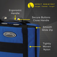 Blue nylon dart case with black straps and labeled features including handle, buttons, and zipper