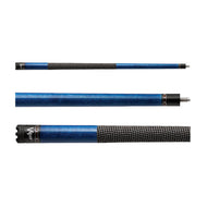 Three views of a blue cue stick with black woven grip and metal ferrules