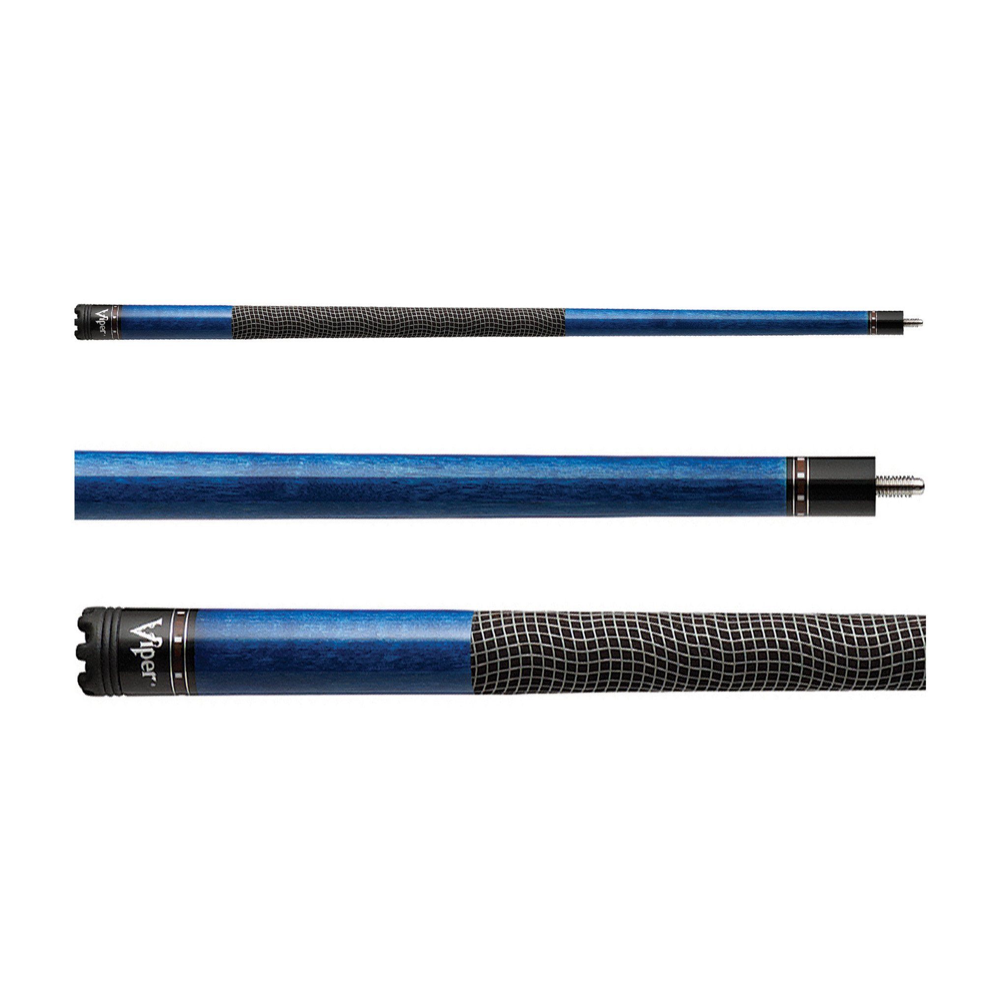 Three views of a blue cue stick with black woven grip and metal ferrules