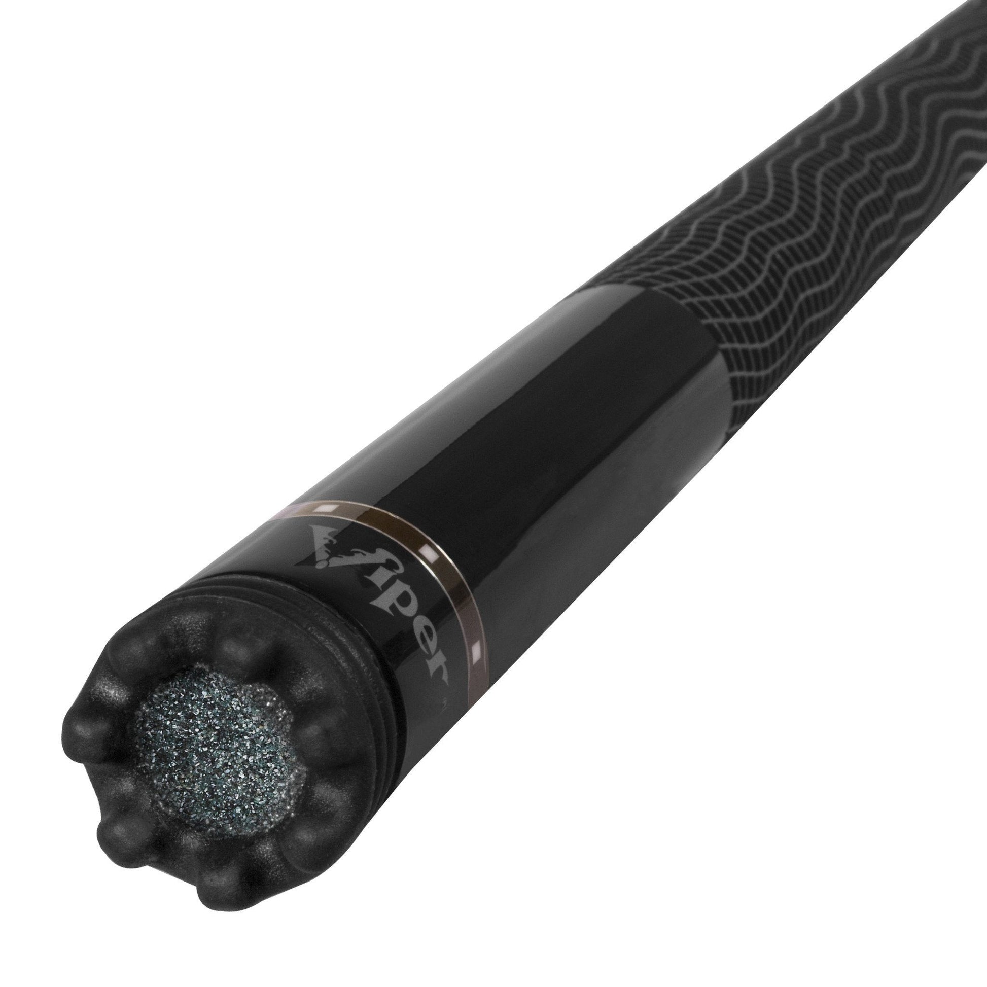 Black cue stick with wavy grip pattern, black textured wrap, and black leather tip with silver sparkle center