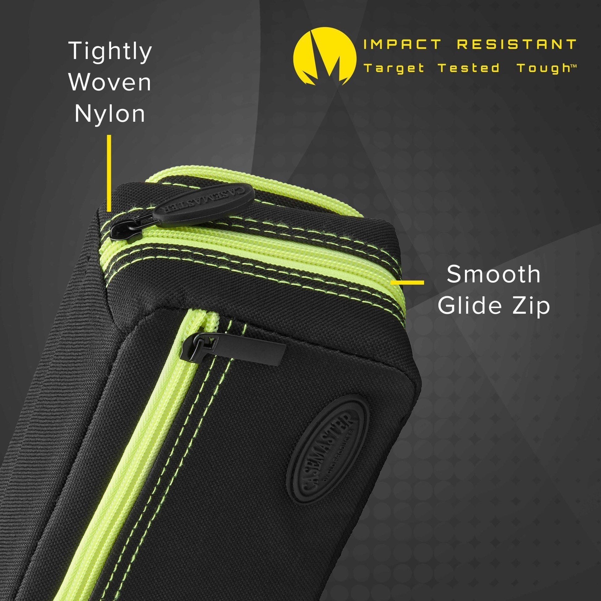 Black dart case with neon yellow accents and zipper detail against dark background