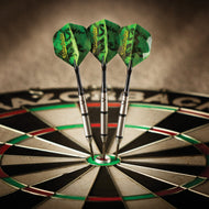 Three green Sidewinder darts stuck in the center of a dartboard