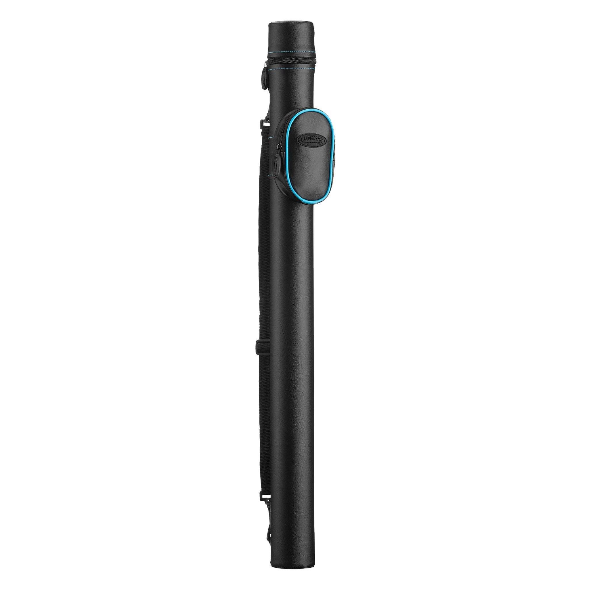 Black cylindrical cue case with blue-trimmed oval holder and carrying straps