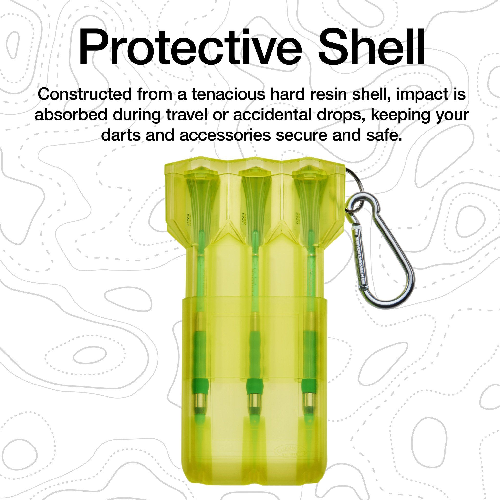Yellow translucent dart case with three compartments and metal carabiner clip attached
