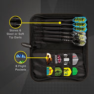 Open black nylon dart case displaying six darts and eight flight pockets with storage compartments