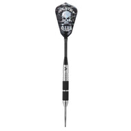 Dart with black skull-printed flight, silver shaft, black textured grip, and steel tip