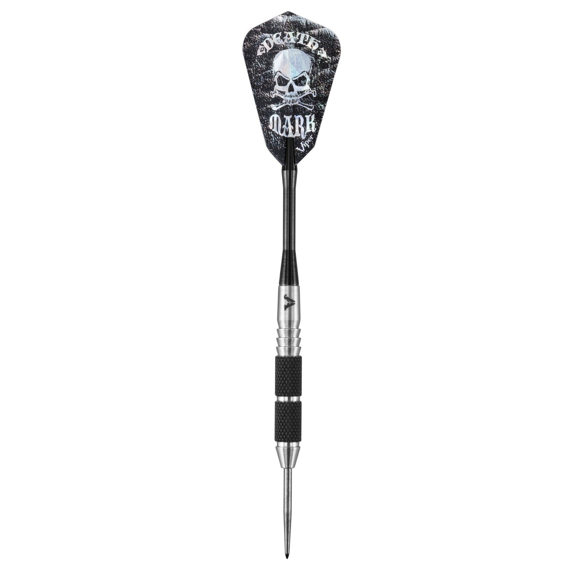 Dart with black skull-printed flight, silver shaft, black textured grip, and steel tip