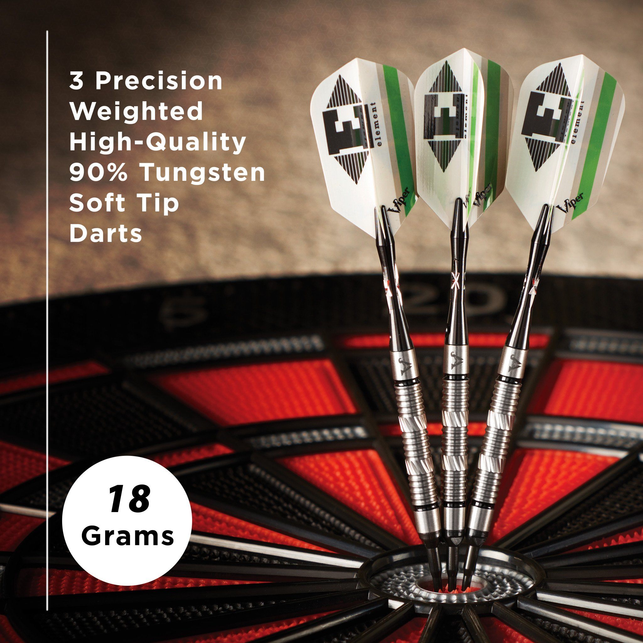 Three white and green soft tip darts with metal barrels in a dartboard stand, 18 grams each