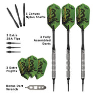 Three assembled darts with green flights and knurled metal barrels, plus extra shafts, tips, and flights