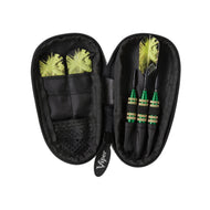 Open black dart case with six darts with yellow flights and mesh pockets