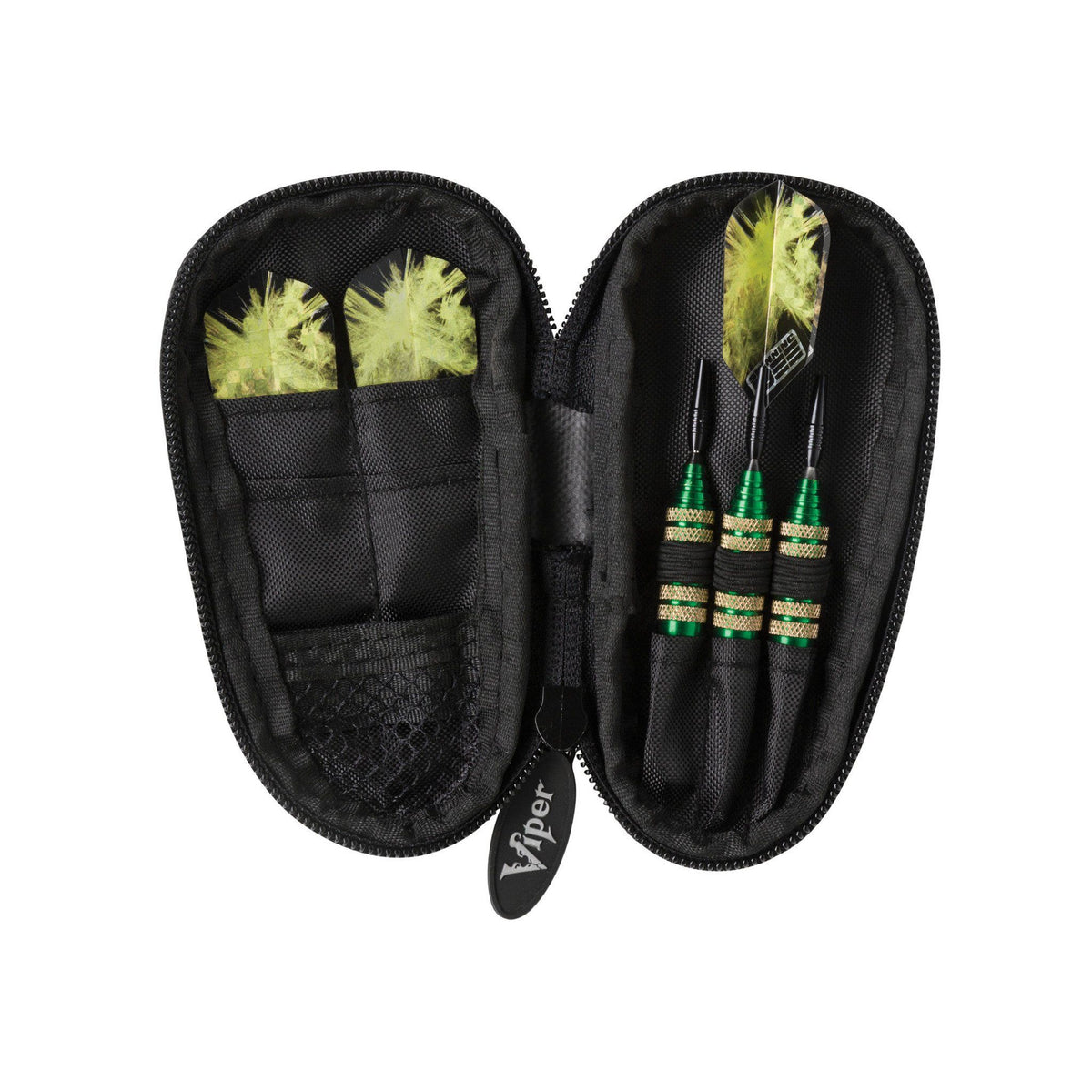 Open black dart case with six darts with yellow flights and mesh pockets