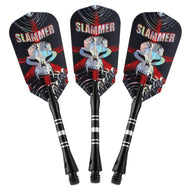 Three darts with black flights printed with "Slammer" text and skull graphics, black barrels with white bands