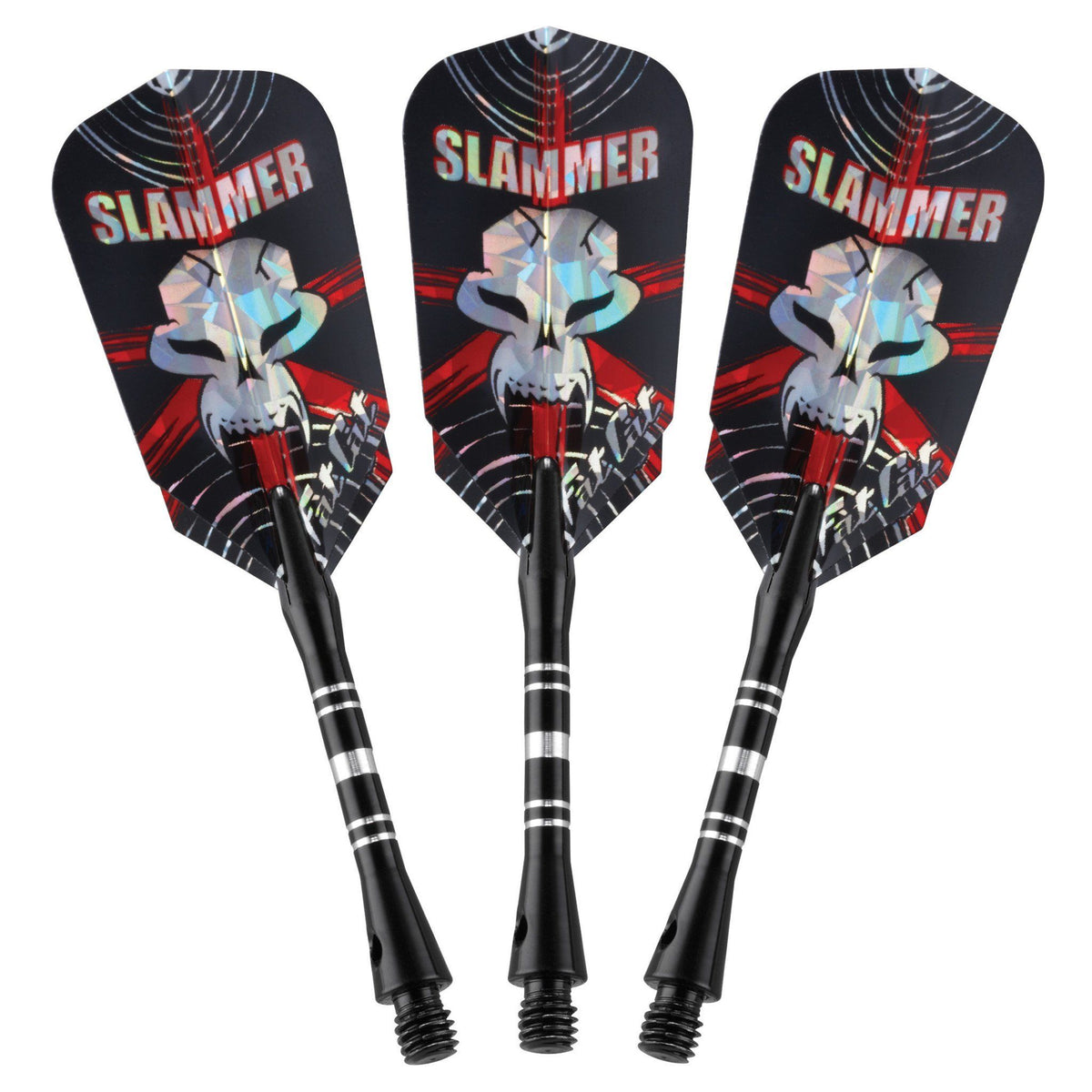 Three darts with black flights printed with "Slammer" text and skull graphics, black barrels with white bands