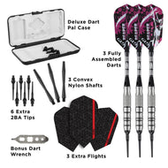 Infographic of dart set contents: case, three assembled darts, shafts, tips, flights, and wrench