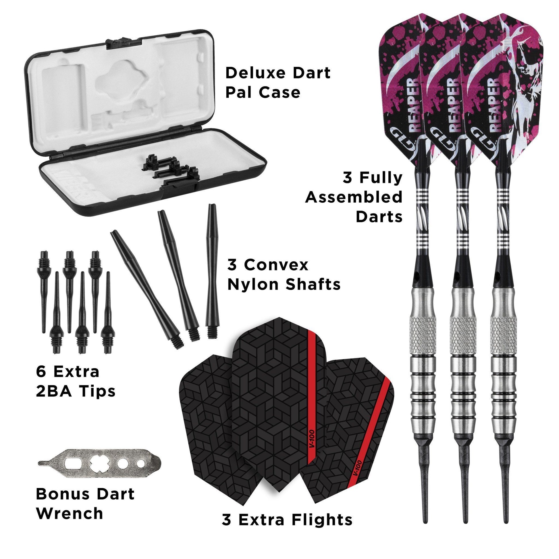 Infographic of dart set contents: case, three assembled darts, shafts, tips, flights, and wrench