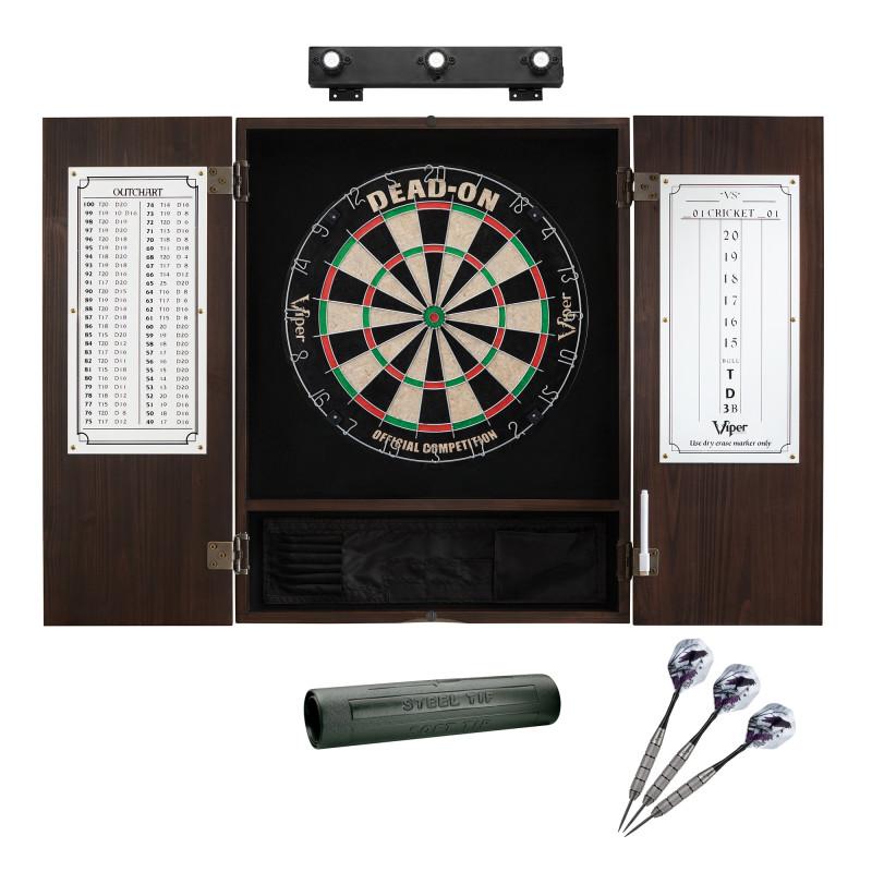 Viper Dead On Sisal Dartboard, Metropolitan Espresso Cabinet, Shadow Buster Dartboard Lights & Padded Dart Mat Darts Viper 