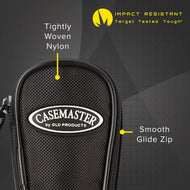 Black nylon dart case with yellow label callouts showing material and zip features