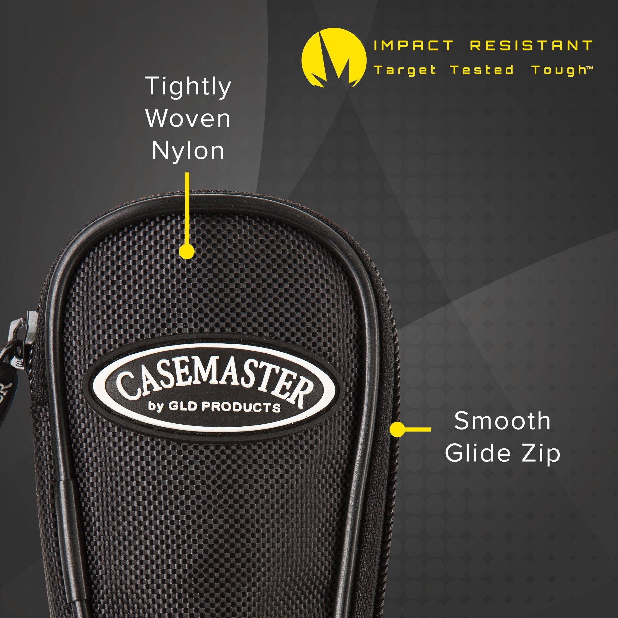Black nylon dart case with yellow label callouts showing material and zip features