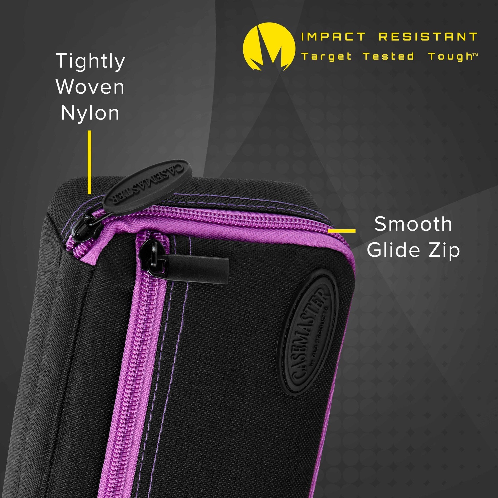 Black dart case with purple zipper and textured nylon exterior