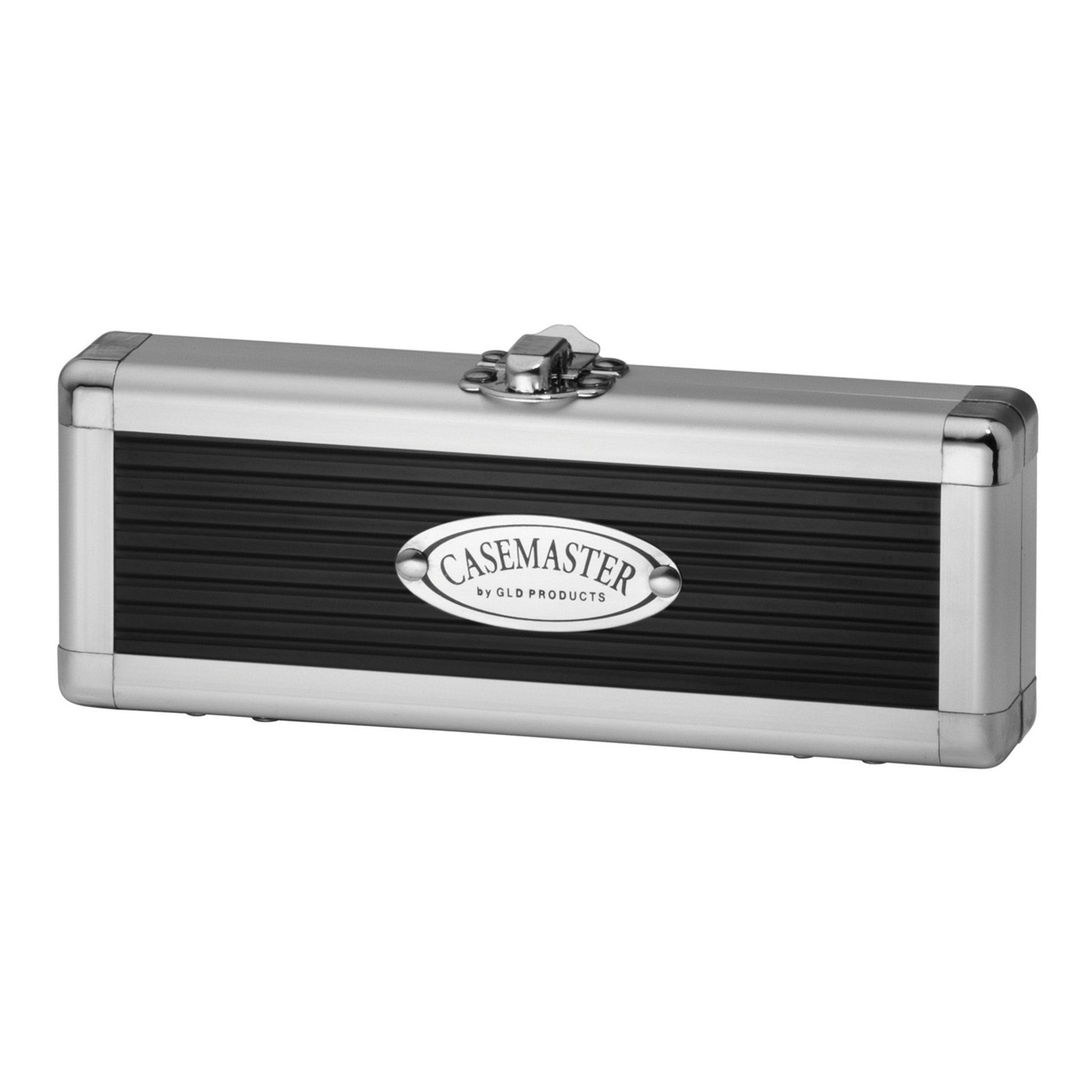 Silver and black aluminum dart case with chrome latch and handle