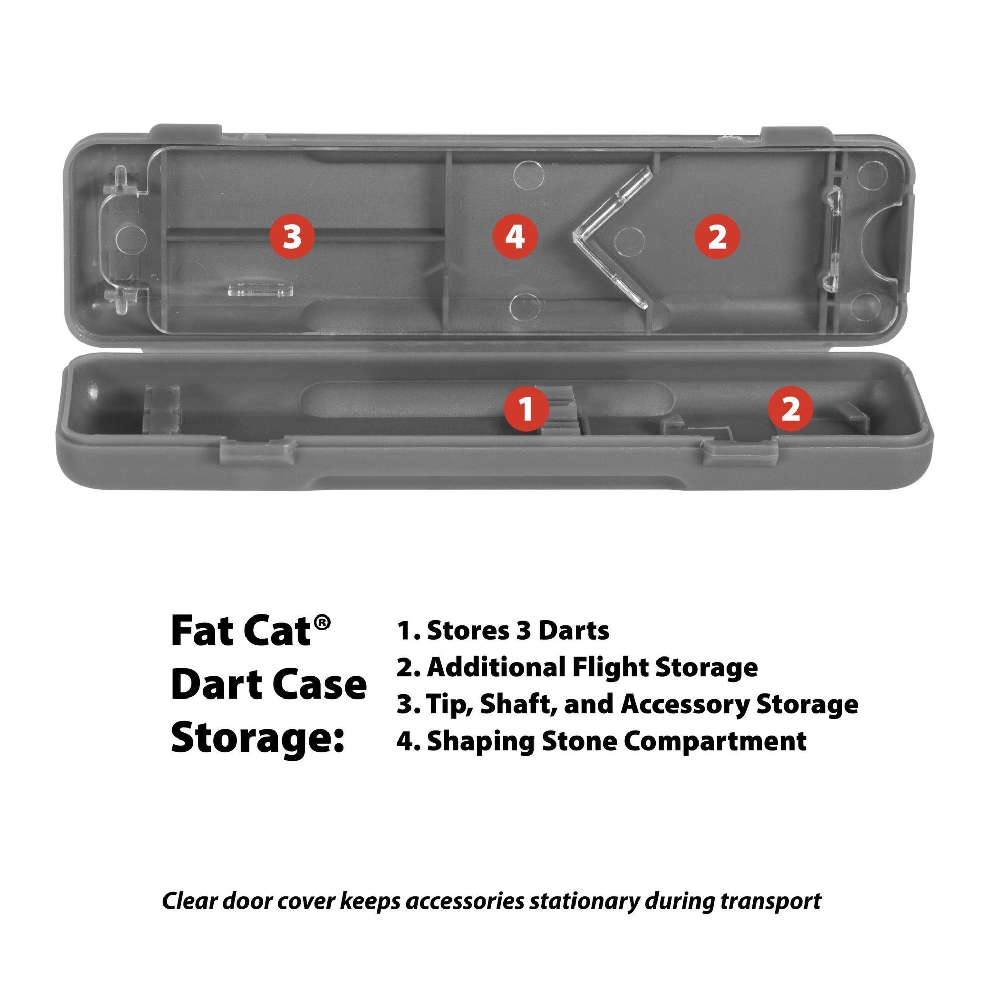Open gray dart case with numbered compartments for storing darts and accessories