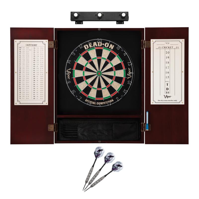 Viper Dead On Sisal Dartboard, Metropolitan Mahogany Cabinet, Underground The Raven Steel Tip Darts & Shadow Buster Dartboard Lights Darts Viper 