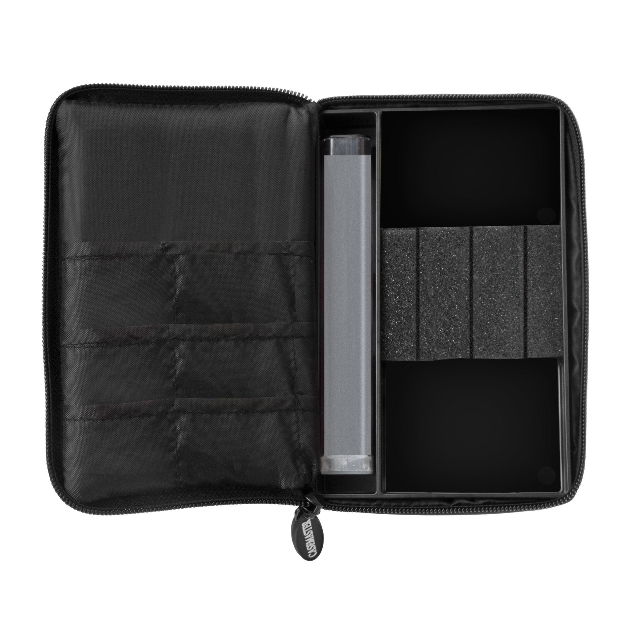 Open black zippered dart case with compartments and gray cylindrical dart tube inside