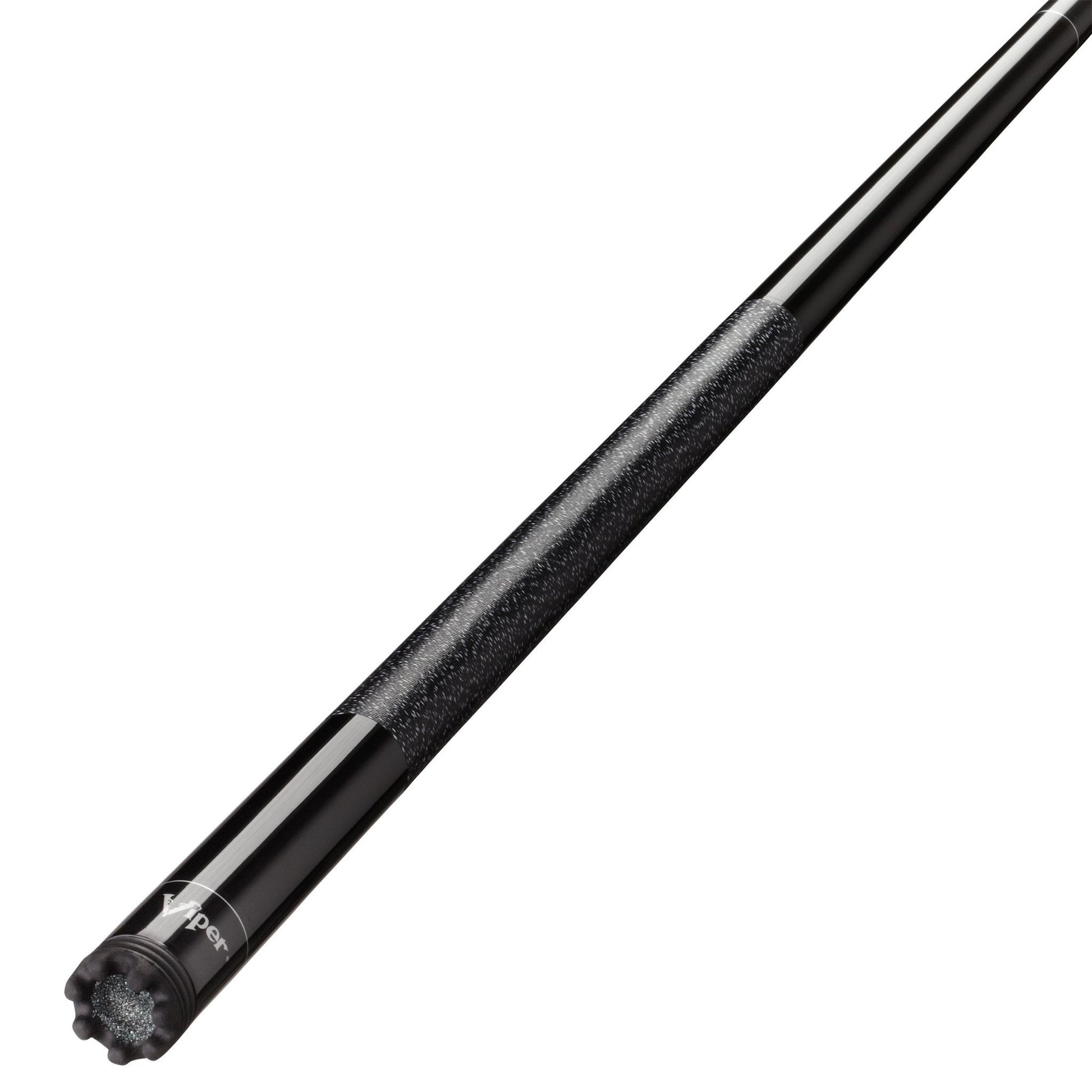 Black billiards cue stick with textured grip wrap and black rubber tip end