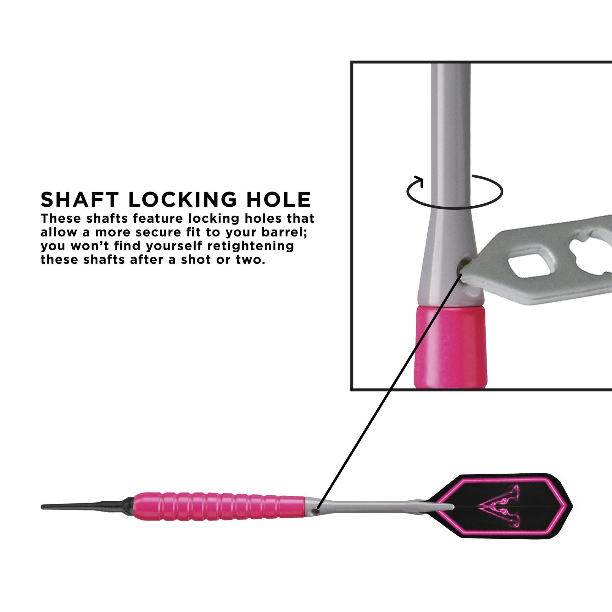 Diagram of dart with pink grip and locking hole collar on gray shaft