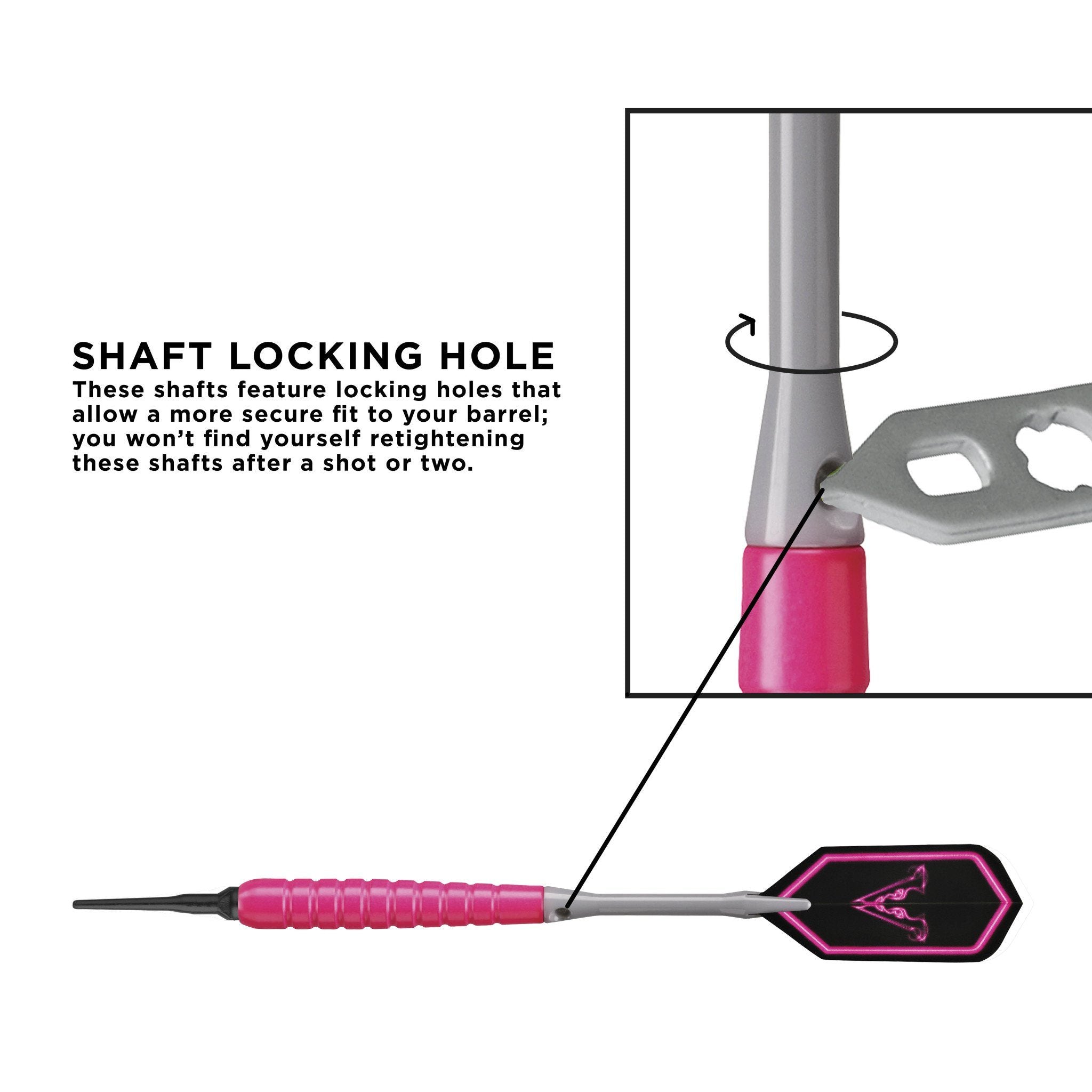 Diagram of dart with pink grip and locking hole collar on gray shaft