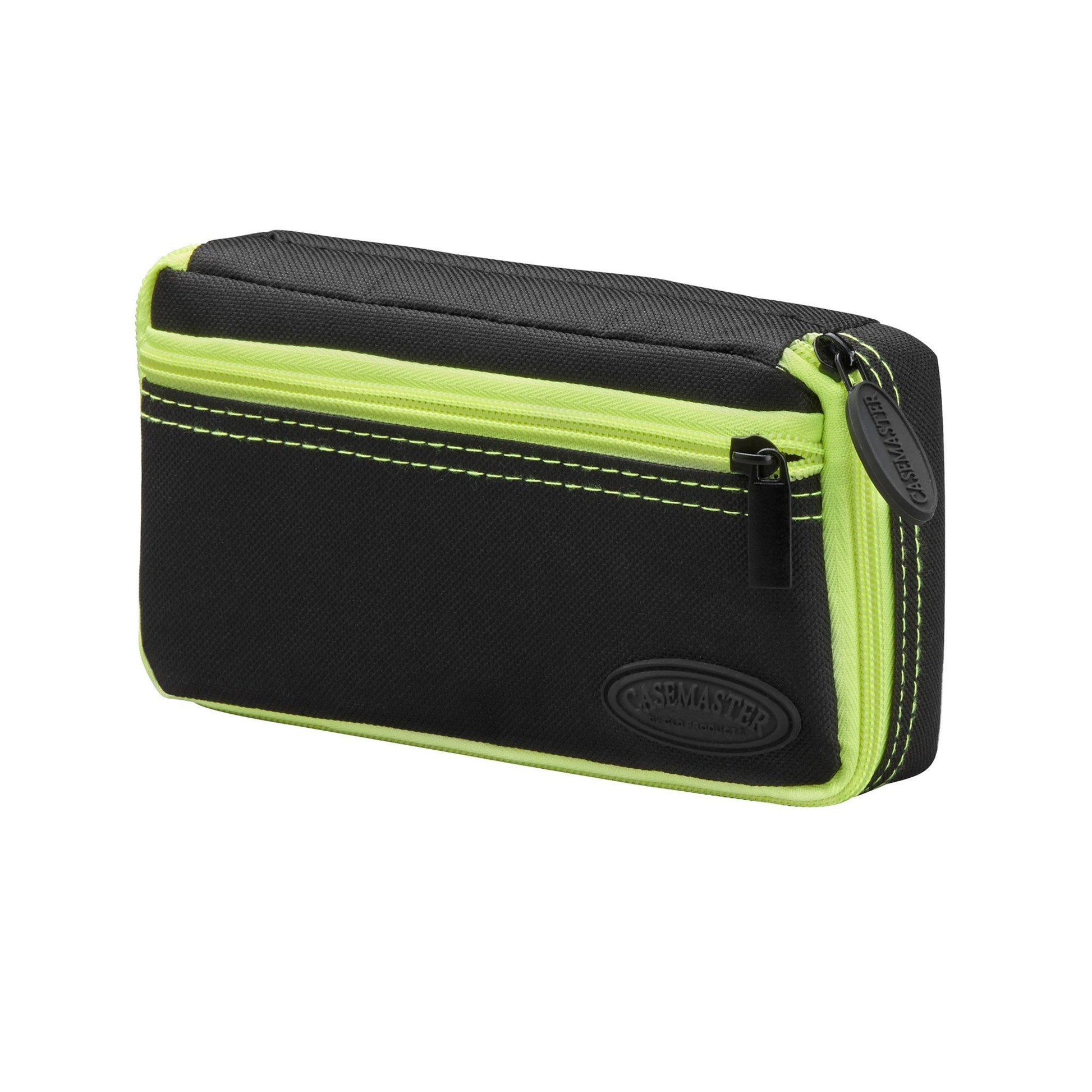 Black and neon yellow dart case with zippered compartments and contrasting stitching