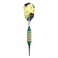 Dart with yellow nylon flight, black shaft, green and tan wrapped grip, and black needle point