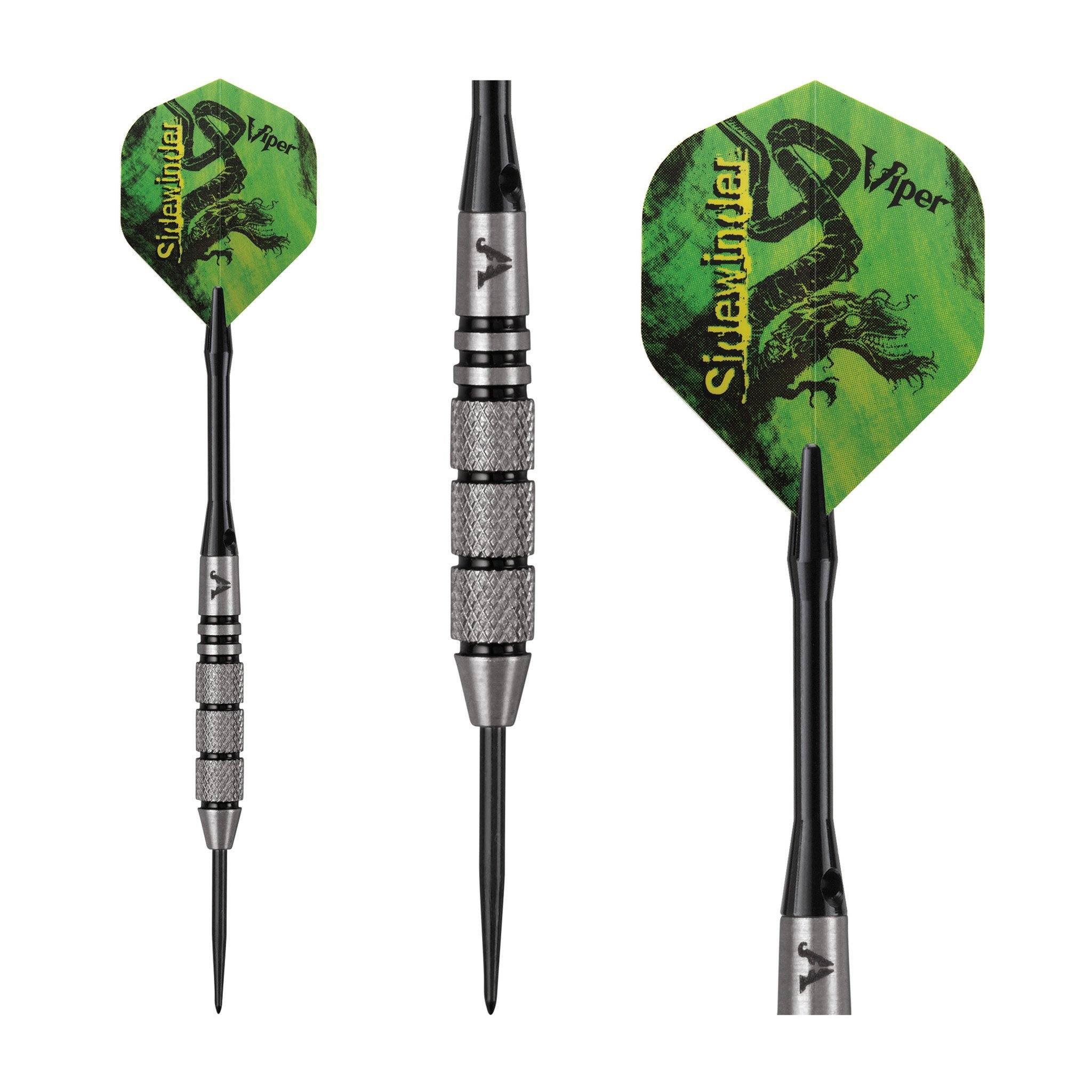 Three darts with green flights and black shafts with metallic barrels in varying grip patterns