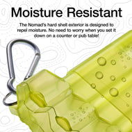 Bright yellow-green translucent dart case with metal carabiner clip and water droplets beading on surface