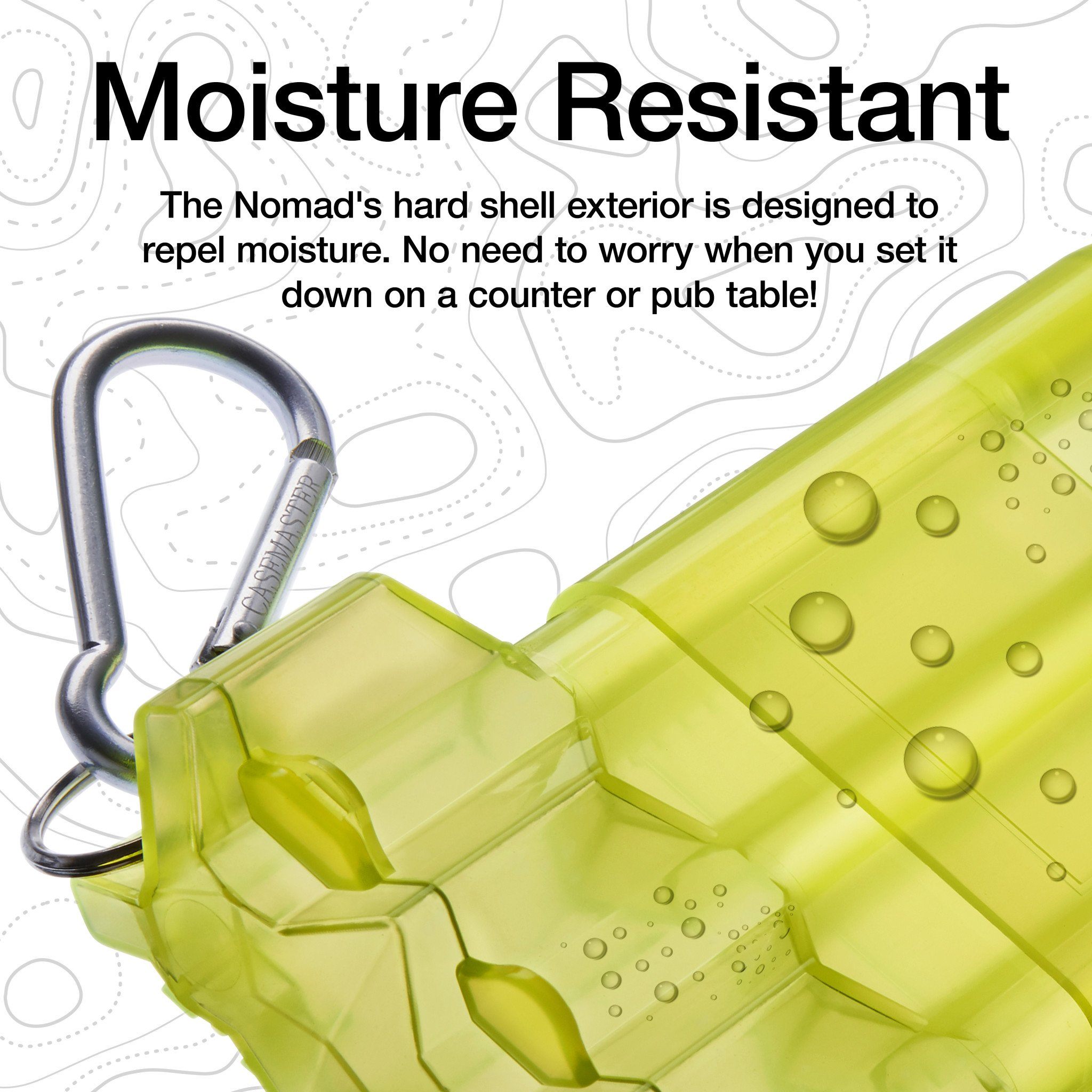 Bright yellow-green translucent dart case with metal carabiner clip and water droplets beading on surface