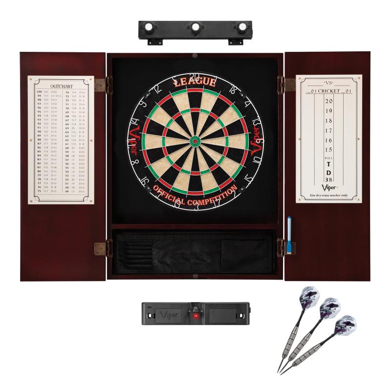 Viper League Sisal Dartboard, Metropolitan Mahogany Cabinet, Shadow Buster Dartboard Lights & Laser Throw Line Marker Darts Viper 