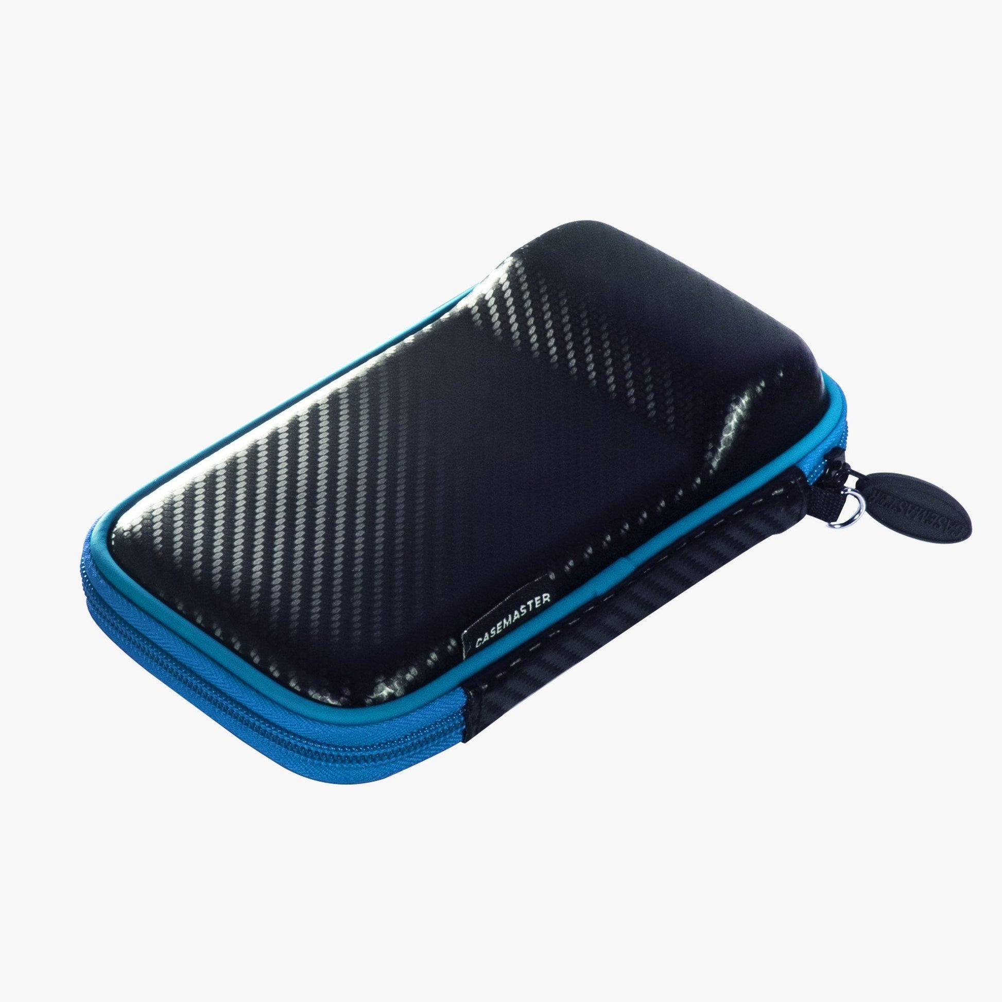 Blue and black dart case with carbon-fiber pattern top, blue zippered sides, and carrying handle