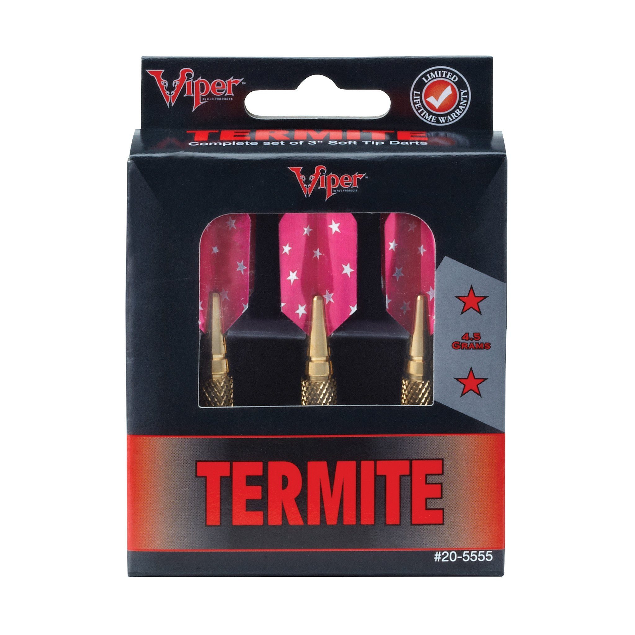 Viper Termite dart set showing three pink flights with white stars and brass-colored tips in black packaging