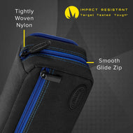 Black nylon dart case with blue zippers and gray stitching details